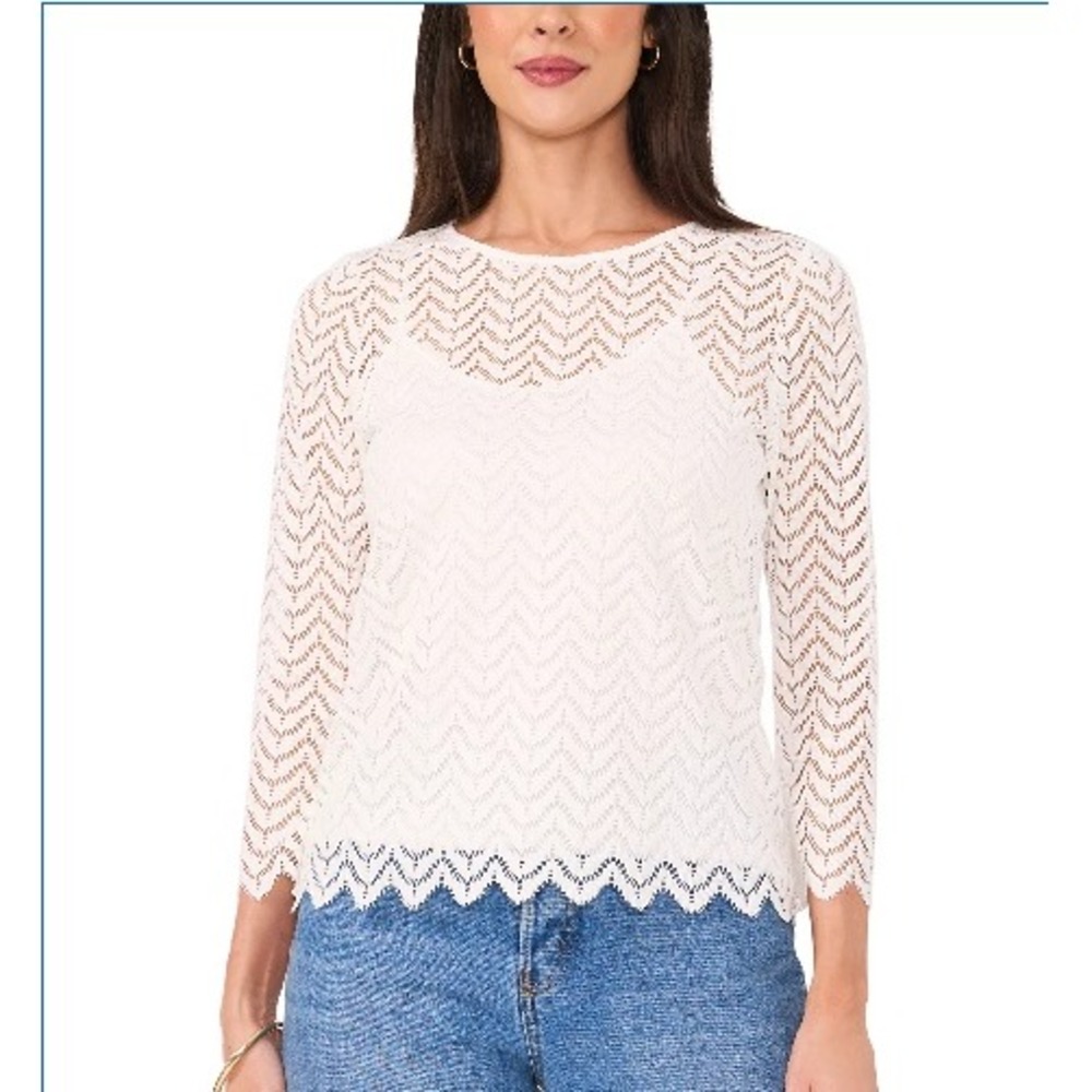 Vince Camuto New Ivory Chevron Lace Long Sleeve Blouse Top NWT Medium